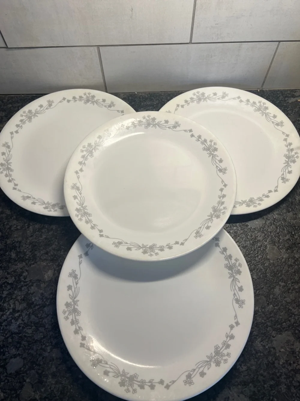 Vintage Corelle Ribbon Boquet Dinner Plates with Grey Floral Border  Set of 5